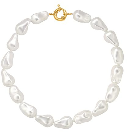 Aobei Pearl Chunky Baroque Pearl Beaded Choker Necklace for Women Trendy Dainty Gold Plated Pendant Necklace Simple Shell Necklaces