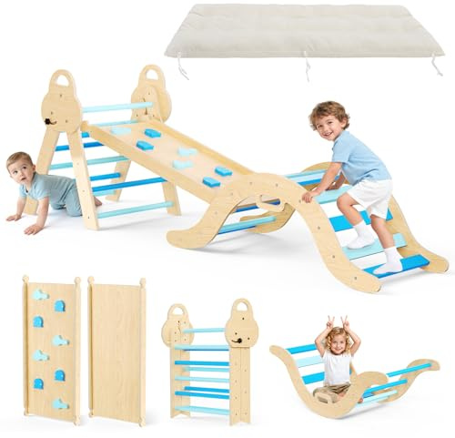 Lischwert Montessori 7 en 1 Juego de estructura de escalada y arco de equilibrio de madera, incluye cojín, juego de interior para niños pequeños, juguetes de habilidades motoras para promover el