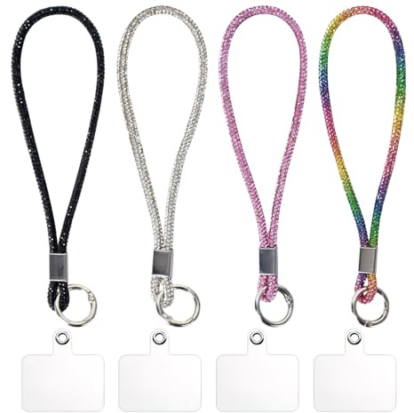 4 Pezzi Cordino Universale per Telefono con Strass, Cinturino per Telefono con Diamanti, Catena per Telefono da Polso, Cordino per Telefono con Strass Glitterati per Tutti gli Smartphone (Corto)