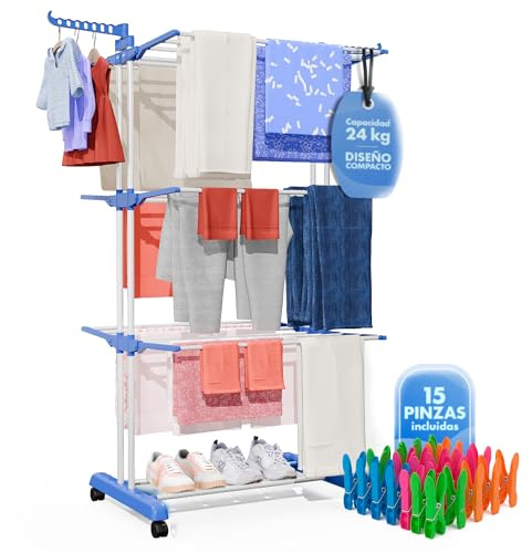 EMMA HAPPY - Tendedero Vertical Plegable XXL con Ruedas - Tendedero para Ropa Tipo Torre de Gran Capacidad para Interior Exterior y Terraza Incluye 15 Pinzas - Color Azul