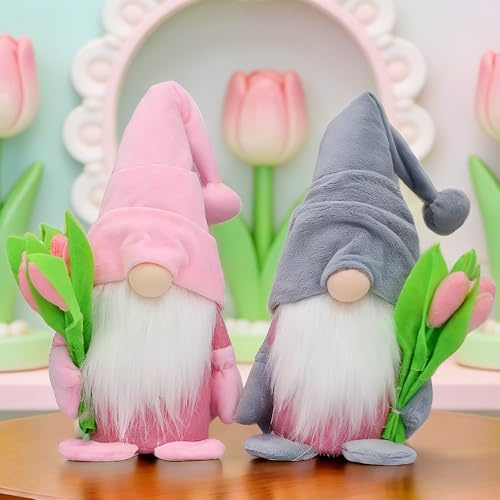 Dhqkqg Gnomo Primavera Tulipani Decorazione Interna, 2 Pezzi Pasqua Gnomo Peluche, Gnomi Decorativi da Tavolo, Regali per Donne, per la Festa Della Mamma Pasqua San Valentino Primaverile (Grigio+Rosa)