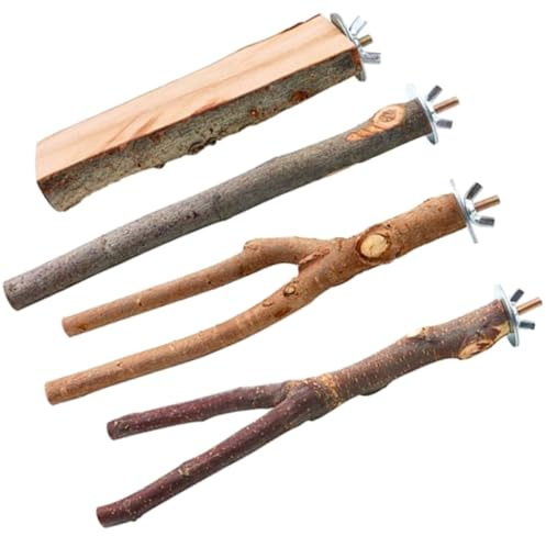 TOYANDONA Perchas de Madera Natural para Pájaros y Loros, Juego de 4 Piezas, Soporte para Jaula, Juguete Interactivo para Periquitos y Aves de Compañía