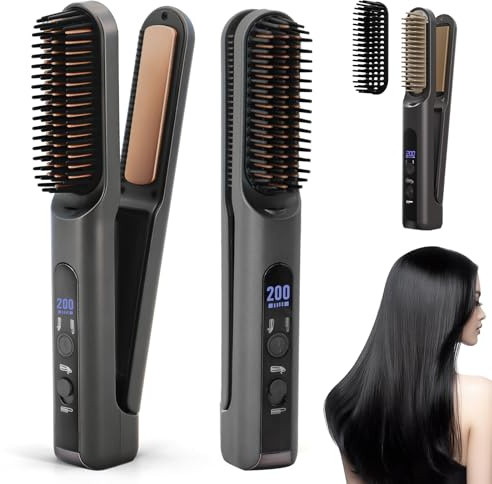 Scettar 2-in-1 Cordless Hair Straightener Brush, Rechargeable Portable Hair Straightener Brush with 5000mAh, Ideal for Travel, Flat Iron and Brush Combo for Smooth, frizz-Free Styling (Black)