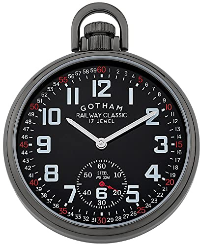 Gotham GWC14108BBK Herren-Taschenuhr aus Edelstahl, mechanisch, mit Handaufzug, Eisenbahn-Stil, Militär