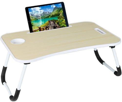 BAKAJI Tavolino Vassoio Colazione da Letto Divano Tavolo Porta Tablet Notebook PC Laptop Struttura in Metallo Pieghevole Leggio Piano in Legno Acero Bianco Dimensione 60x40x26cm