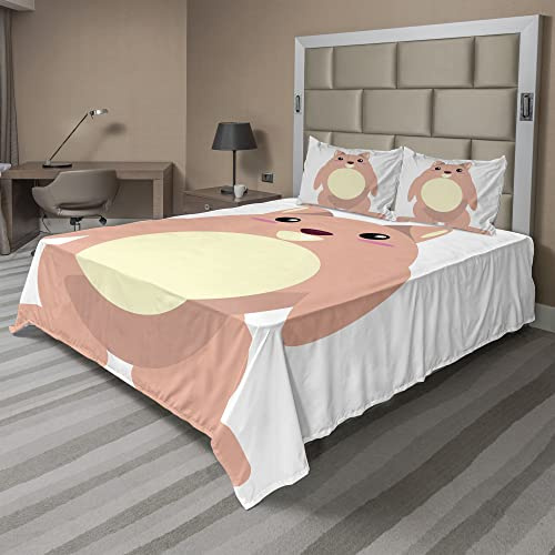 Ambesonne Anime Sheet Set, Beaver Cartoon in Kawaii Style Funny Character for, Fitted and Flat Sheet with Pillowcases Bedding Accent 4 Piece Set, Queen, Pale Coral and Cream