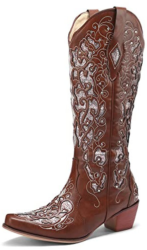 PAYDVOIER Donnas Embroidered Stivali Cowboy Retrò Western Chunky Heels Mid-Calf Stivaletti Country Stivali Riding Stivali Combattimento Stivali Riding Stivali Slouch Black Size 36