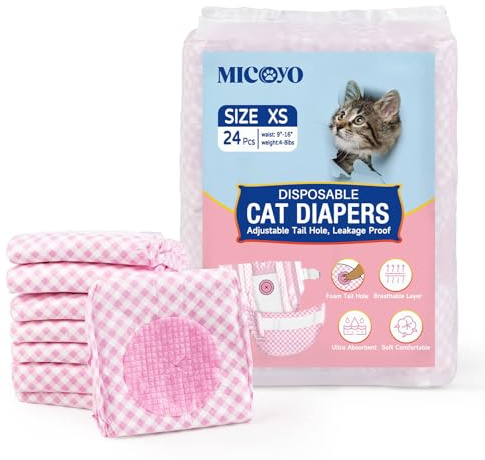 MICOOYO Disposable Cat Nappies Female Super Absorbent Puppy Nappies Cat Dog Hygiene Pants Cats Diapers for Female in Heat & incontinence(XS, 24Pack)