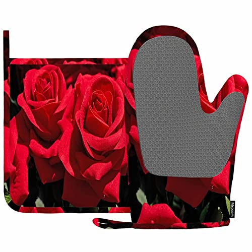 Mxocom Blooming Rose Heat-Resistant Oven Mitts and Pot Holder Black Red Romantic Floral Vibrant Flowers Closeup Bright Color Love Kitchen Non-Slip Cooking Microwave Gloves for Cooking Baking Grilling