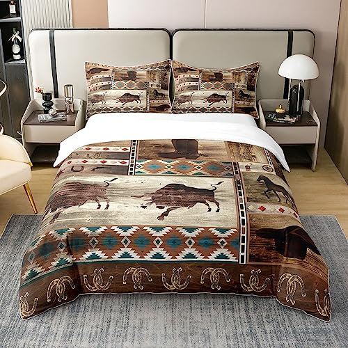 100% Baumwoll Rustikal Western Cowboy Bettdecke 135x200,Bullenpferd Bettwäsche für Cowboy,Tribal Boho Aztec Tröster Abdeckung,Bauernhaus Horseshoe Braun Southwestern Bett Sets mit 1 Kissenbezug