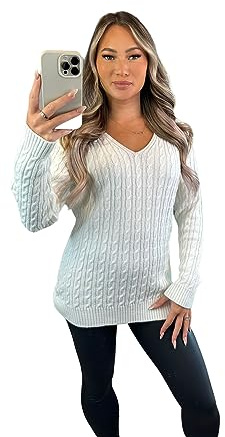 Womens V-Neck Knitted Jumper Cable Pullover Winter Plain Knit Tops UK 10-22 | Women Sweaters, Soft Jumpers, Long Sleeve, Everyday Wear, Stretchy, Casual