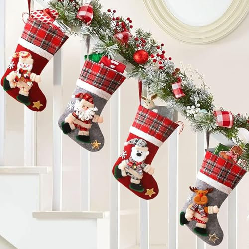 YIMINI 4 Stück Christmas Stocking Groß,Hängende Weihnachtsdeko,Nikolausstrumpf Personalized,Befüllen Und Aufhängen Weihnachtsstrumpf,Für Weihnachtsbaum,Kamin, Schaufenster,Hängende Weihnachtsdeko