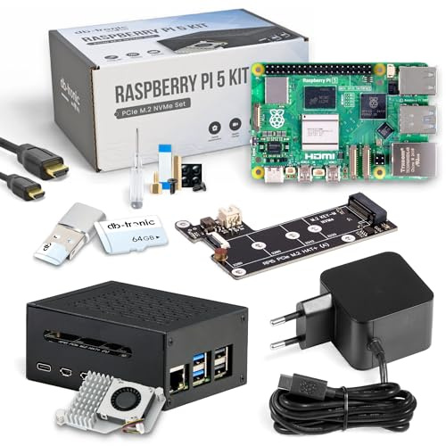 Raspberry Pi 5 8GB PCIe M.2 NVMe - Set | Metallgehäuse | Active Cooler | M.2 NVMe SSD PCIe Board | Offizielles USB-C 27W Netzteil | 64GB Edition | 4K Micro HDMI