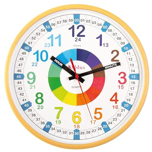 Kiddus Orologio da Parete Didattico per Bambini, Ragazzi. Analogico. Diametro 30cm. Con Esercizi per Imparare a Leggere l’Ora. Movimento al Quarzo Silenzioso.