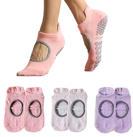 Sunolkie 3 pares de calcetines para yoga y pilates, antideslizantes, para mujer, fitness, baile, calcetines deportivos, suave algodón transpirable elástico con puntos de goma, calcetines atléticos
