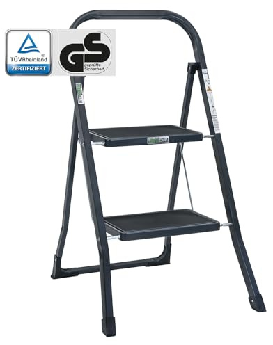 TRUTZHOLM Trittleiter 2 oder 3 Stufen klappbar TÜV/GS Zertifiziert 150 kg Klappleiter Anti-Rutsch Trittflächen & Sicherheitsverriegelung Klapptritt Haushaltstritt Stahl Leiter (Anthrazit, 2 Stufen)