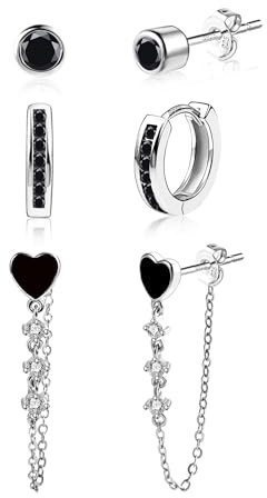 925 Sterling Silver Stud Hoop Earrings ALEXCRAFT 3 Pairs Multi Dainty Stack Drop Dangle Earring Black Zirconia Studs Silver Small Cartilage Huggie Hoop Earrings Set for Women ladies Multiple Piercings