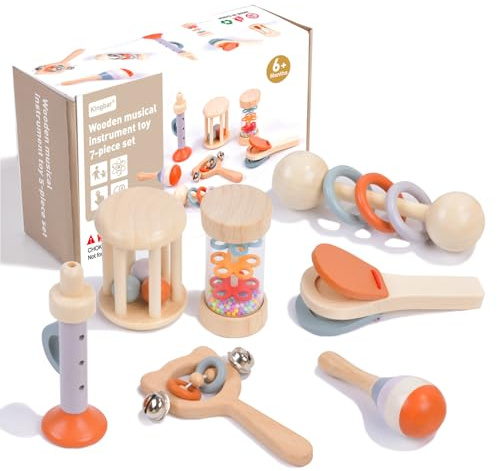 Kingbar 7 Pezzi di Strumenti Musicali in Legno per Bambini, Tromba Rainmaker, Gabbia, Sonagli A Tre Anelli, Maracas, Nacchere, Giocattoli Musicali Montessori per L'illuminazione, 7 PCS