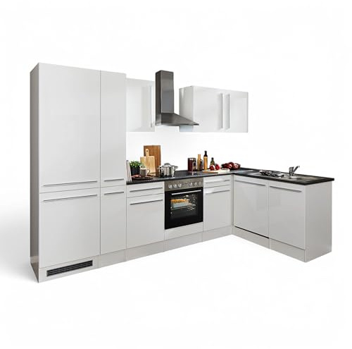 Jazz 8 Moderne Eckküche ohne Elektrogeräte in Weiß Hochglanz, Metallic Grau - Geräumige Küchenzeile in L-Form mit viel Stauraum - 310 x 211 x 60 cm (B/H/T)