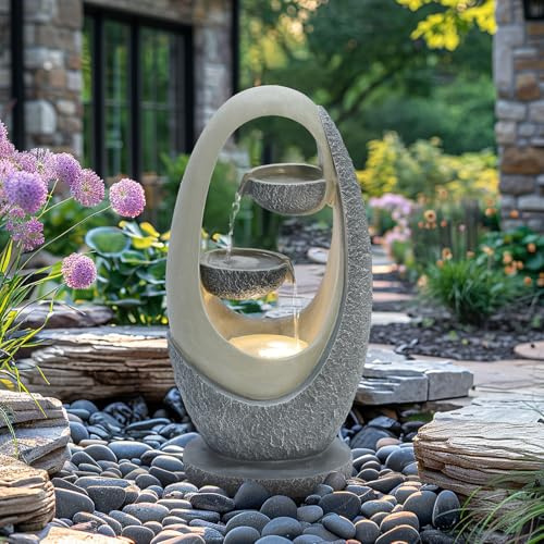 CHARLES BENTLEY 2 Tier Water Feature, UV Resistant, Weather Resistant, Mains Powered, Plug Included, Frost Resistant, Warm White, Water Fountain, Built In LED Lights, Oval Design (59.5x30x23.5cm)
