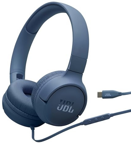 JBL Tune 520 C Auriculares con Cable, Ajuste cómodo, micrófono, Sonido Pure Bass, preajustes de ecualización, conectividad USB-C, diseño Plegable y Cable sin enredos, Azul