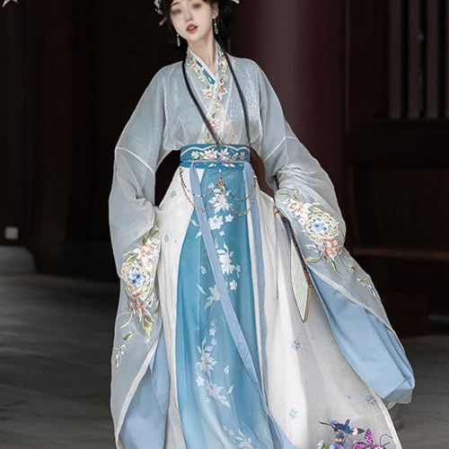OZTYSGXM Abito Tradizionale Hanfu da Donna, Gonna Lunga Fino alla Vita Colletto Incrociato Maniche Larghe Completo Costume Hanfu Fluente,XS,Blue