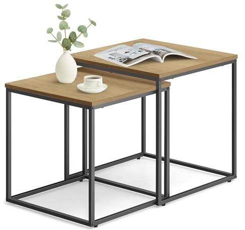 FORTENA Set mit 2 Couchtischen Beistelltisch Wohnzimmertisch Schwarz oder Gold Metall Quadratisch (Eiche - Eiche – Schwarze Tischbeine)
