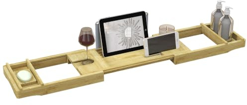 HOMCOM Hyllbrygga, utdragbar badkarshylla i bambu med mugghållare och tvålhållare, förvaringsyta 75–109 x 23 x 4,5 cm, naturligt träutseende