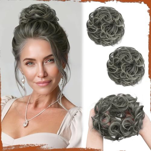 Sofeiyan 2PCS chignon finto per capelli,Ondulato Chignon Finto per Capelli con Elastico,Sintetica Coda di Posticci per Capelli per Donne,Punte Grigie E Bianche