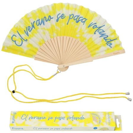 Fisura – Ventaglio Originale con Scritta “El verano se pasa volando”, Ventaglio in Legno Moderno e Colorato Giallo, Ventaglio a Mano con Laccetto Incluso, Idea Regalo Divertente, 42,5 x 23 cm