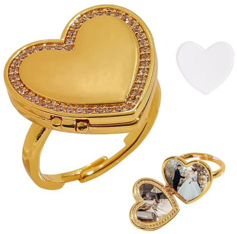 CONCHLERY Anillo con medallón ajustable en forma de corazón con imagen en el interior grabado, mini anillo de marco de fotos para mujeres, mamá, cumpleaños, aniversario, San Valentín, recuerdos