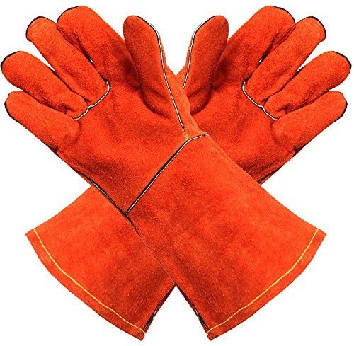 POWCOG 'Supreme' Heat Resistant Protective Leather Gloves in Red. Perfect for Log Wood Burners, Outdoor Fire Pits, Barbecues and Bonfires
