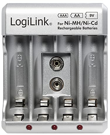 LogiLink PA0168 Chargeur de Batterie pour Piles AA/AAA/9V Ni-MH/Ni-CD Argenté
