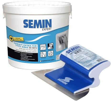 Semin - Enduit Extra Fin - Lissage Type Gras - Sans Solvants - Séchage Rapide - Intérieur - Seau de 1,5 kg et Lame CE 78 pour Enduire et Lisser - 15 cm