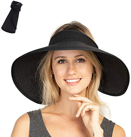 Women Sun Visors Foldable Straw Hats Summer Beach Packable Hat Floppy Wide Brim Cap Big Heads Sombrero (Black)
