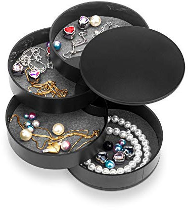 HengLiSam Jewellery Organizer, Small Jewellery Box Earring Holder for Women, Jewellery Storage Box 4-Layer Rotatable Jewellery Accessory Storage Tray with Lid for Rings Bracelets (Black)