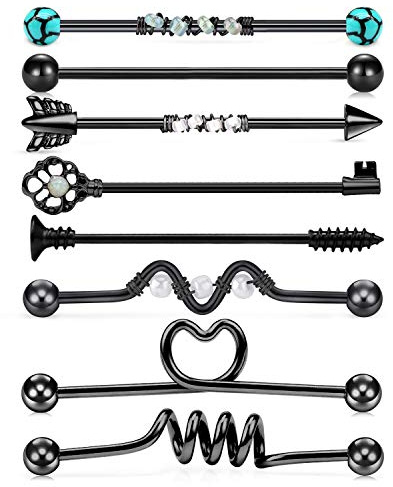 Rajnard Piercing Industrial Acero quirúrgico 8 Piezas 14G Clave Barra Recta Industrial Barbell Piercing de Oreja cartílago Mujer Hombre 38mm
