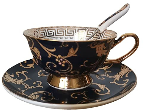 Eplze® YBK Tech Euro Style Bone China Cup& Saucer Set, Ceramic Tea Coffee Cup for Home Kitchen Wedding (Retro Flower Pattern- Dark Blue)