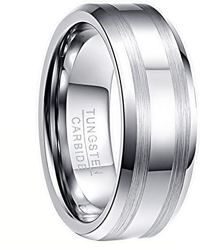 NUNCAD Silver Men's Ring 7mm/8mm Brushed Tungsten Wedding Engagement Band High Polished Beveled Edge Ring Size L 1/2-Z+3