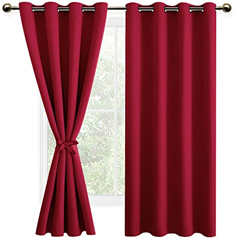 DWCN julgardiner mörkläggningsgardiner med gardinslipsar gardiner ogenomskinliga för sovrum, gardiner med öljetter 2 stycken, röd, 160 x 132 cm (H x B):