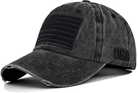 American Flag Baseball Cap Embroidery Adjustable Washed Vintage Cotton Denim Distressed Hat for Women Men Black