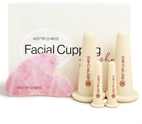 Rena Chris Facial Cupping Set & Gua Sha Facial Tool - Silicone Cupping Set & Rose Quartz Gua Sha Stone - Face Cupping Therapy Set for Natural Skin Care, Puffiness, Lip Plumping(Pink)