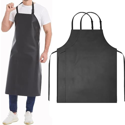 BURNTOP 2 Pack Waterproof Rubber Adjustable Apron 40 Aprons for Men Heavy Duty Chemical Resistant Work Apron Extra Long Grilling Aprons for Dishwashing Lab Butcher Cooking Kitchen Black