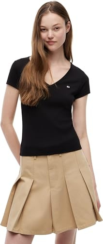 Tommy Jeans Tjw Slim Essential Rib V SS Dw0Dw17385, Top in Maglia a Maniche Corte, Donna, Nero (Black), M