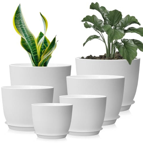 Lighterday 25/23/20/18/16/12CM Plant Pots Indoor 6 Pcs Flower Pot Large Plant Pots Indoor Outdoor Plastic Plant Pot with Drainage Holes and Tray for House Plant Flower (White)