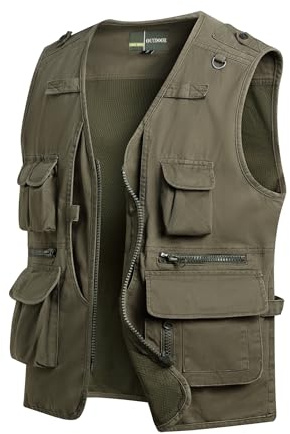 MeiLayM Herren Outdoor Weste Anglerweste mit Multi-Taschened Sommer Freizeit Baumwolle Weste Hundeweste Leicht Safari Weste Fotografie Weste Camping Wandern Ärmellos Jacke Armeegrün,XL