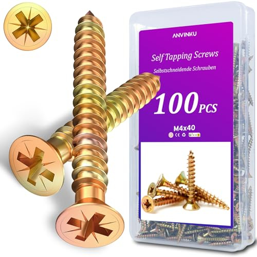 ANVINKU M4 x 40mm Wood Screws 100PCS, Countersunk Screws for Wood, Color Zinc M4 Self Tapping Screw for Furniture Repairs