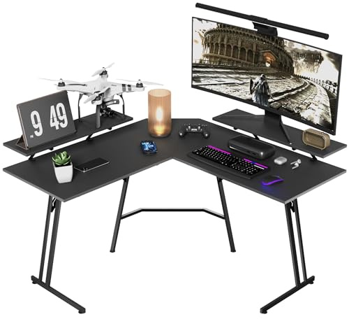 XMTECH Mesa de gaming, 120 x 50 x 73 cm, escritorio para ordenador con 2 soportes de monitor, escritorio para juegos en forma de L, mesa para PC con superficie de fibra de carbono, color negro