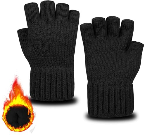 ehsbuy - Gants sans doigts pour homme - Thermiques en polaire douce doublée - Demi-doigts - Gants d'hiver chauds tricotés pour le travail, la conduite, le cyclisme, les sports de plein air, Noir