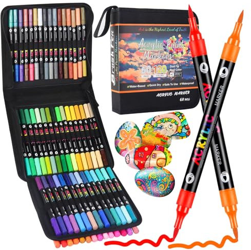 Sanyetral 120 Colors Acrylic Paint Markers, 60 Pcs Dual Brush Tip Dual Colors Acrylic Paint Pens for Wood, Canvas, Rock Painting, Glass, Ceramic, Stone Surfaces,DIY Crafts Making Etc